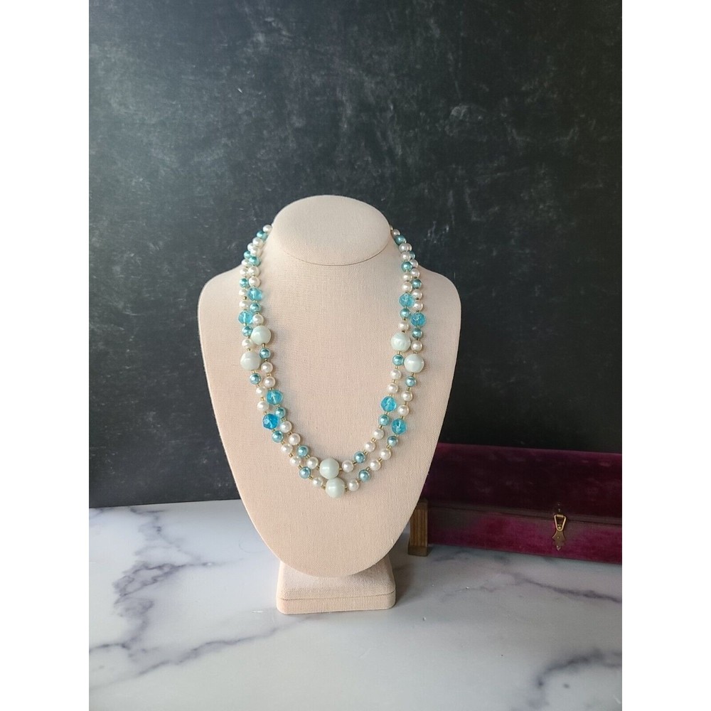 Vintage Double-Stranded Blue Beaded Necklace